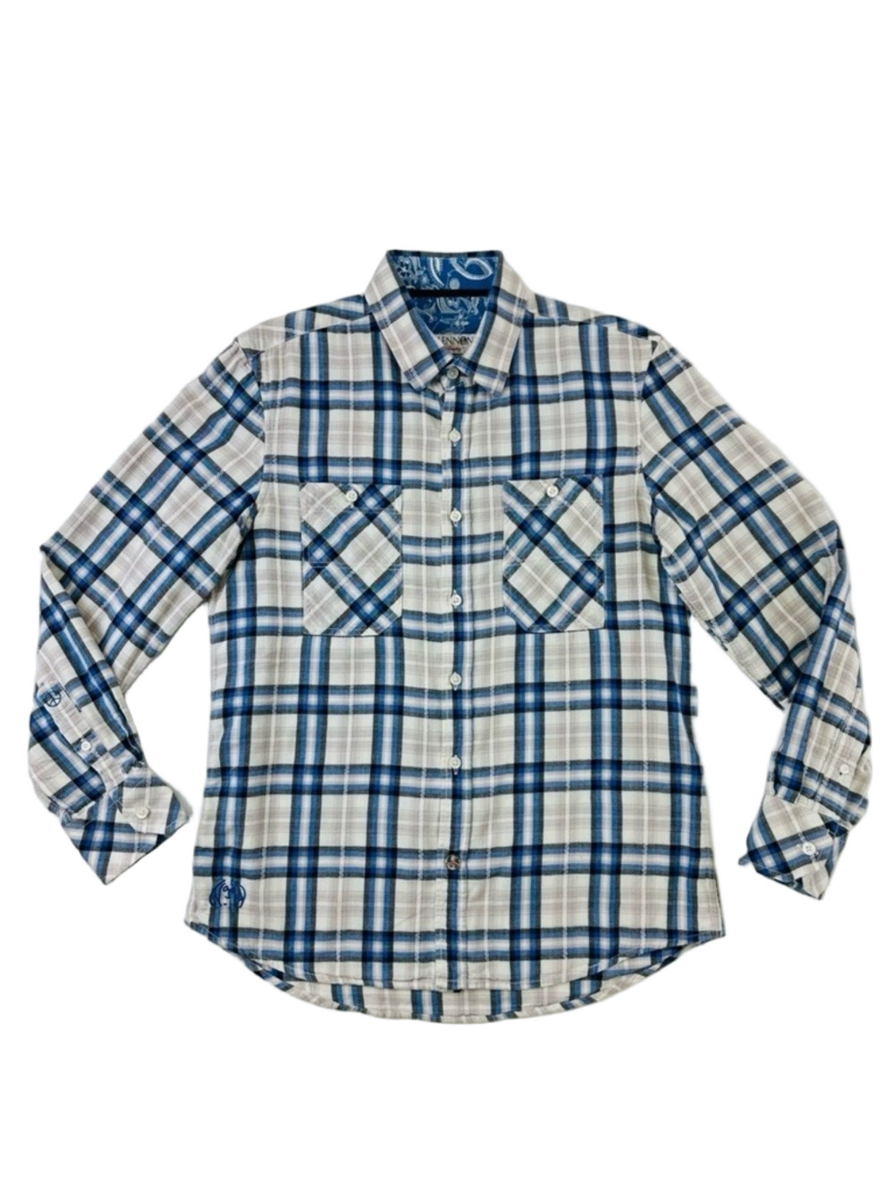 John Lennon blue checked casual button down cotton shirt Small